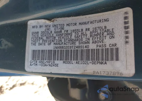 1996 Toyota Corolla Dx из США, поврежденный, VIN 1NXBB02E8TZ489140